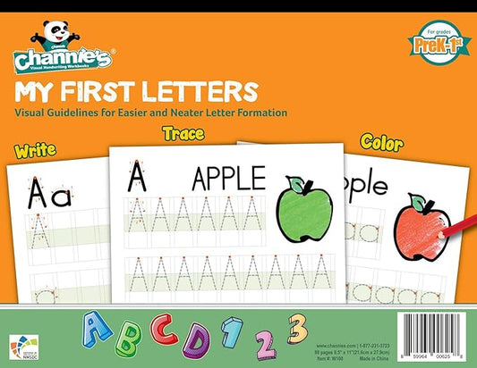 Channie’s My First Letters, Pre K - Kindergarten Writing Workbook, Fun Way to Practice Letter Tracing for Kids Ages 3-5, Easy to Follow, Color-Coded, 40 Double-Printed Worksheets