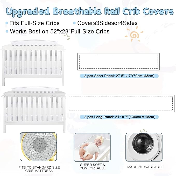 4 in 1 Crib Rail Covers for Teething,Soft Breathable Anti-Collision Crib Teething Rail Cover Edge Protector Strip（2025 New） (Blue-4pc)