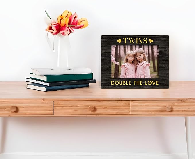Twin Baby Gifts Picture Frame 4x6, Twin Mom Gifts Wooden Picture Frame, Baby Announcement Gift, Twins Must Haves for Newborn Double The Love Decorative Photo Frames for Table Desk Decor