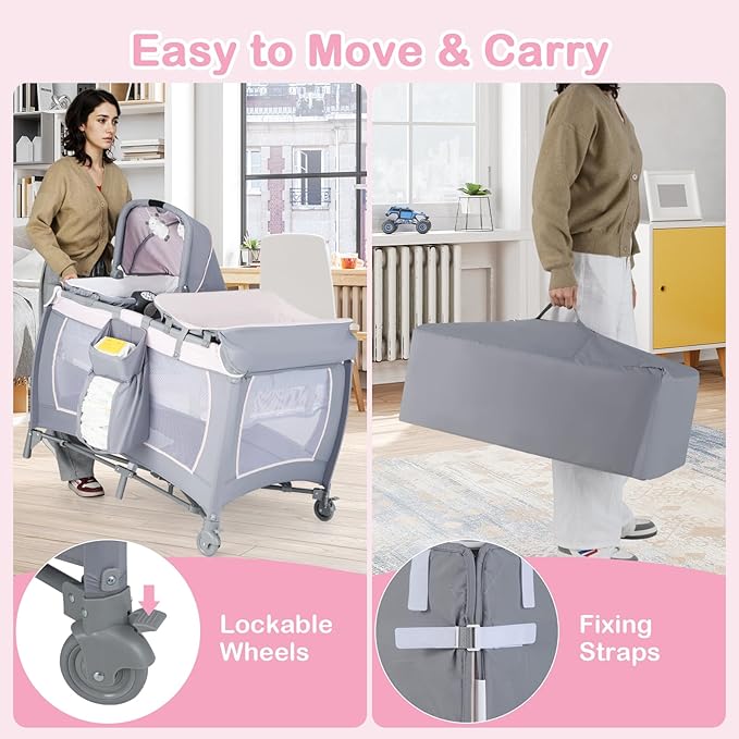 HONEY JOY Pack and Play with Bassinet, Infant Nursery Center Pack and Play w/Newborn Cradle & Hanging Toys, Diaper Storage, Music, Portable Baby Playard w/Changing Station (Starry Pink)