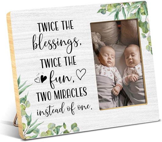 JioJio Chan Twins Picture Frame - 4 x 6 Inch Photo - Twice The Blessings Twice The Fun Twins Baby Items Gift For Boy girls Babies Mom Pregnancy Announcement Birthday Christmas