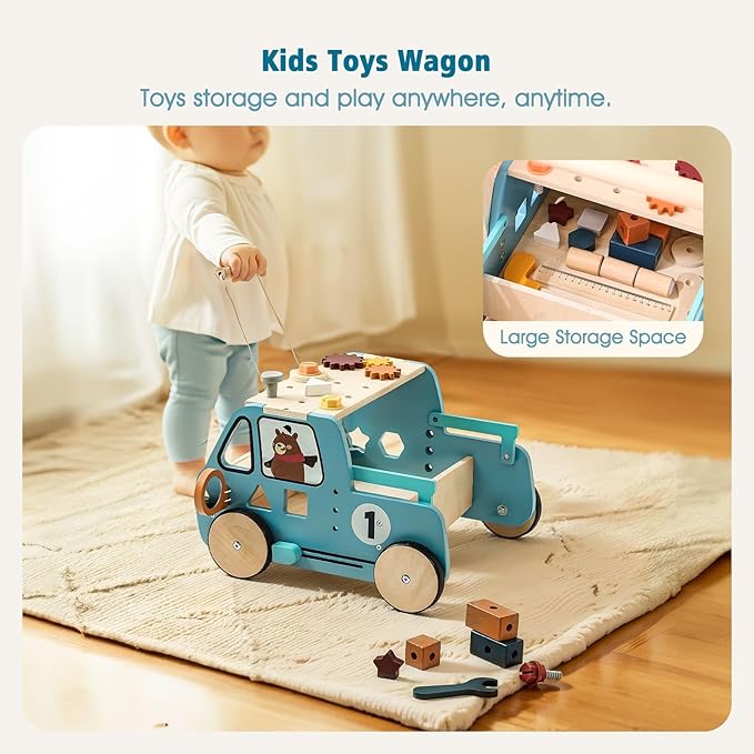 IEATFO Wooden Baby Walker Adjustable Height with Tool Bench and Toy Storage Wagon - Multifunctional Toddler Push Walker Ergonomically Designed for Natural Walking - 3+ Years of Continuous Use