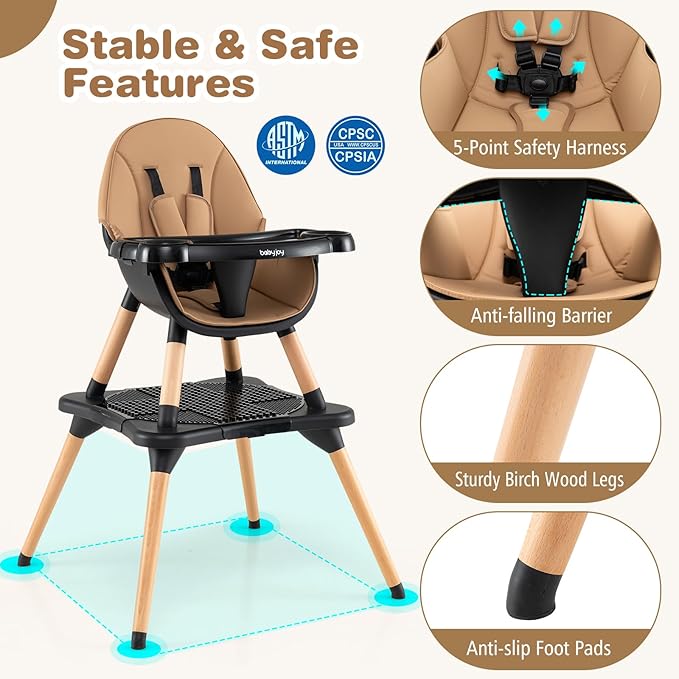 BABY JOY 6 in 1 High Chair, Convertible High Chairs for Babies and Toddlers/Booster Seat/Table and Chair Set, Infant Wooden Highchair w/ 5-Point Harness, 4-Position Removable Tray & PU Cushion, Coffee