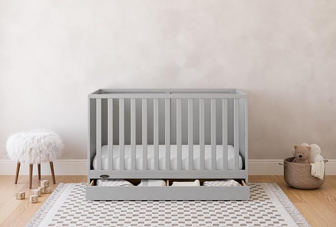 Graco Theo Convertible Crib with Storage Drawer (Pebble Gray) – GREENGUARD Gold Certified with Drawer, Converts to Toddler Bed, Fits Standard Crib Mattress