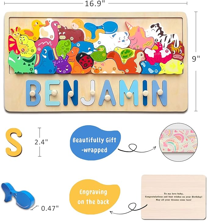 Name Puzzle for Kids Personalized, Custom Name Puzzle, Personalized Baby Birthday Gift,Name Puzzles for Toddlers 1-3 Montessori Toy for 1-3 (Jungle Animal)