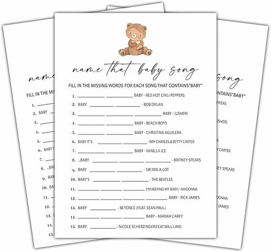 Name That Baby Song Games Set, Minimalism Baby Shower Party Game Card, Boho Bear Themed Gender Neutral Party Ideas Activities, Baby Shower Party Supplies & Decorations -A03