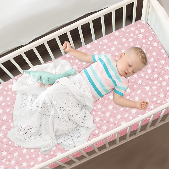Crib Mattress Protector Waterproof 2 Pack, Quilted Crib Mattress Pad Cover 52" x 28" Extra Soft Breathable Toddler Bed Cover Stretch Up to 8", Pink & White Star