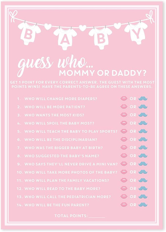 Party Hearty Baby Shower Games for Girl, 50 pcs Pink Mommy or Daddy Guess Who Game, Fun Activity Cards, Ideas