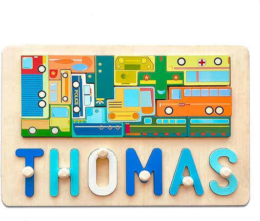 Personalized Puzzles for Toddlers 1-3, Baby Name Puzzle, 1 Year Old Girl Gifts, Montessori Learning Toy for Toddlers Ages 1-3 (Block Vehicles)