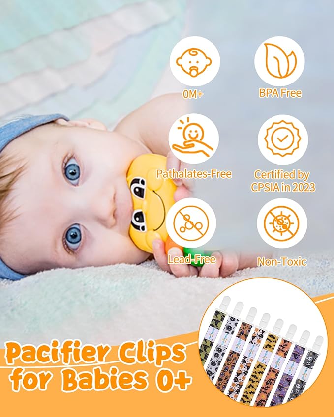 Babygoal Halloween Pacifier Clips 8 Pack, Pacifier Holder Clips for Baby Boys and Girls Fits for Most Pacifier, Binkie Styles & Baby Teethers & Toys and Gift 8PS32-B