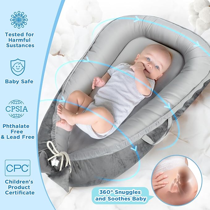Baby Lounger - Baby Lounger for Newborn 0-24 Months, Breathable & Soft Cotton and Velvet Cover Baby Nest, Portable Cozy Infant Lounger for Home and Travel, Ideal Baby Essentials & Shower Gifts