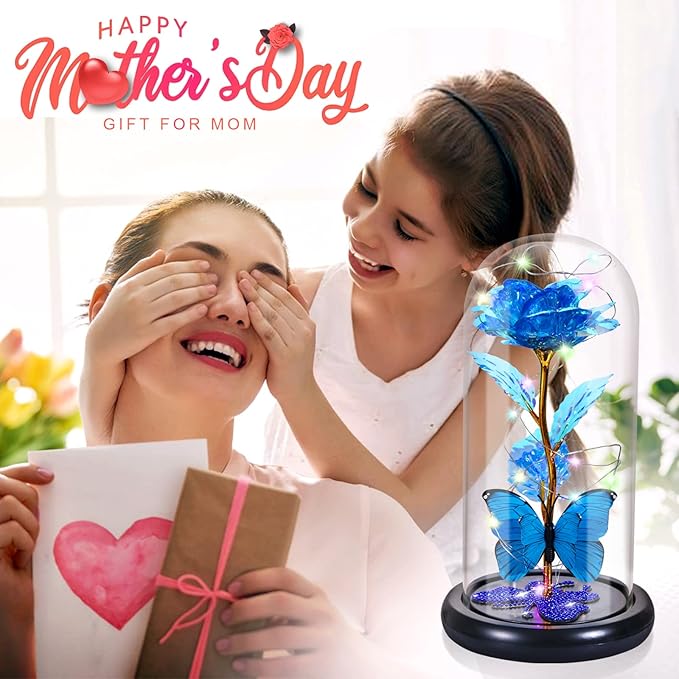 DEEMEI Birthday Gifts for Women Blue Rose Eternal Flower Light Up Rose in Glass Dome with Butterfly, Flowers for Delivery Prime Anniversary Grandma Mom Gift Wife Girlfriend