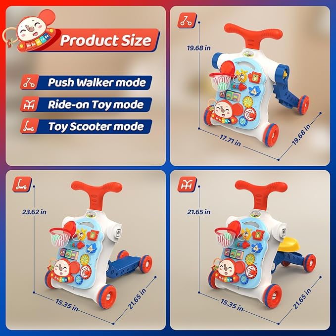 CUTE STONE 5 in 1 Walker for Baby Boy, Sit to Stand Push Walker with Activity Center Learning to Walk, Early Push Walking Toys Gift for Toddler Infant Blue