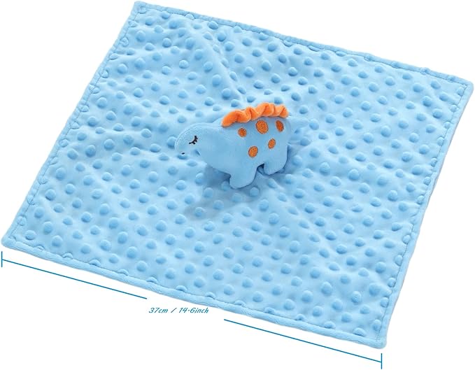 CREVENT Cozy Plush Baby Security Blanket Loveys for Baby Boys, Minky Dot Front + Sherpa Backing with Animal Face (Blue Dinosaur + Tag)