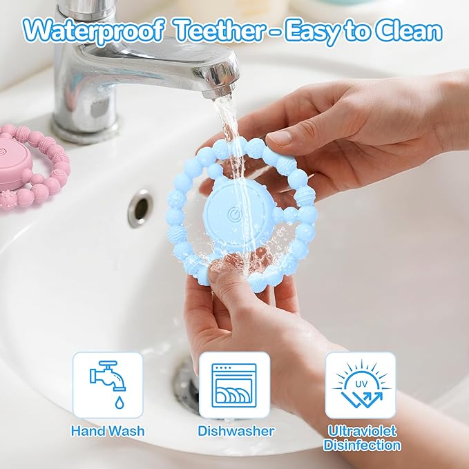 Vibrating Teething Toy with 3D Multi-Texture, Food-Grade Silicone Sensory Chew Toy for Autism Kids and Baby 3-18 Months, Baby Teething Ring for Teething Relief, Light Blue