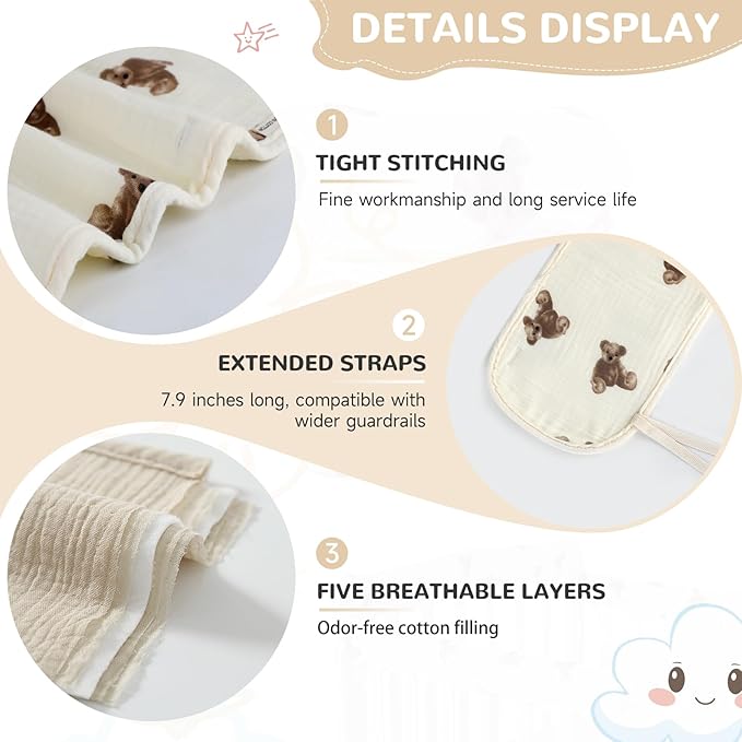 SZRUNZHU4pcs New Teething Edge Crib Rail Cover&Corner Guard Coverage Straps,Reversible Guardrail Cover Protector for Boys Girls (2 Long 2 Short Bear)