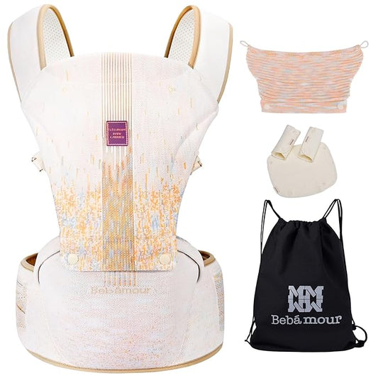 Bebamour Baby Carrier with Hip Seat,All-Position Breathable Mesh Hip Seat & Carrier 0-36Months with Head Hood, 3 PCS Teething Pads, Waist Extender,Storage Bag & Pacifier Case (White)