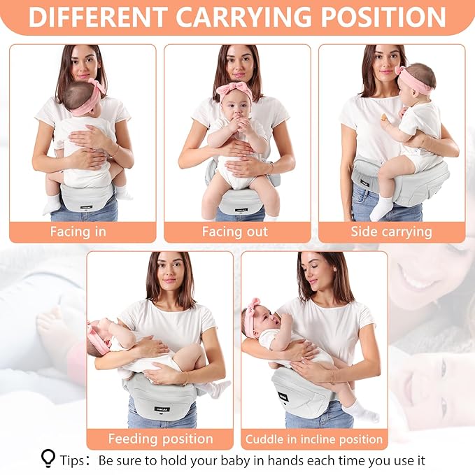 HKAI Baby Hip Carrier, Mom’s Choice Award Winner, Baby Carrier with Adjustable Waistband & Breathable Mesh, Ergonomic Carrier with Non-Slip Hip Seat Surface for Newborns & Toddlers, Light Grey