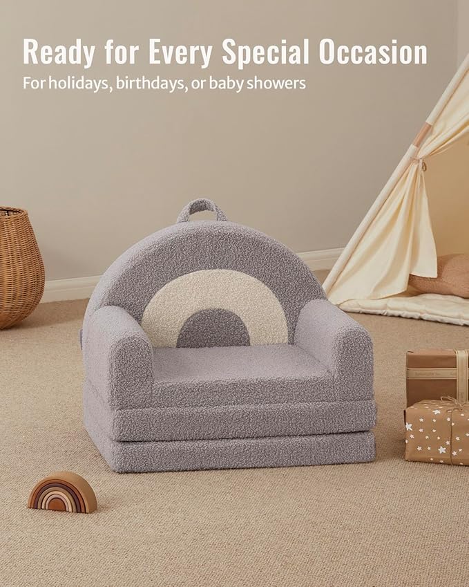Blissful Diary Foldable Toddler Couch, 2-in-1 Comfy Toddler Chair & Lounger for Reading, Nap, Playroom, Kids Couch Sofa for 1 2 3+ Year Old Girls Boys Birthday Gift, Light Gray Arclet