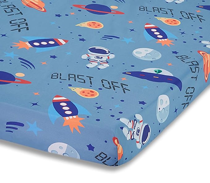 Baby Boy Fitted Crib Sheet Outerspace Adventures, 100% Soft Breathable Microfiber Baby Sheet, Fits Standard Size Crib Mattress 28in x 52in, Nursery Sheet