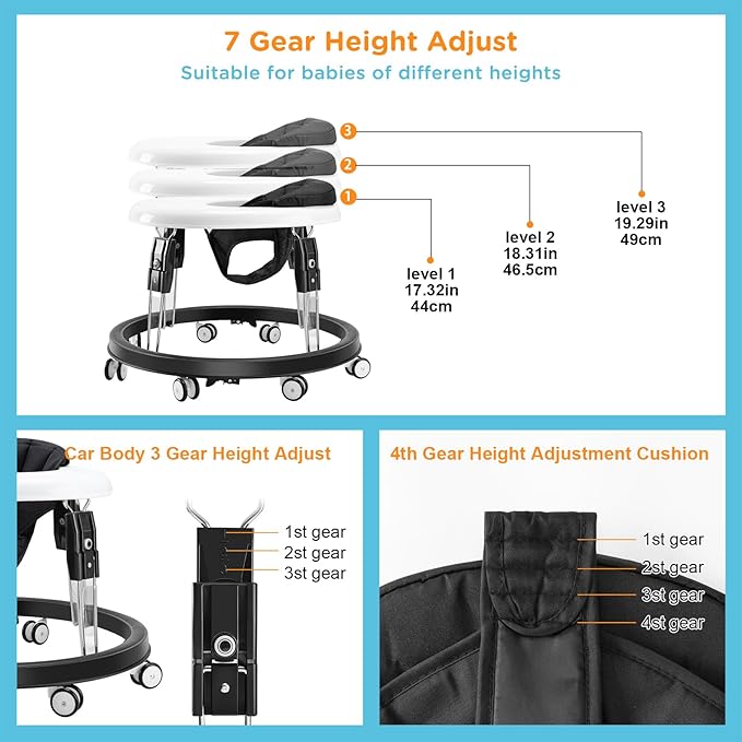Baby Walker with Wheels, One-Touch Folding Anti-Roll 8-Wheel Baby Walkers, 7-Speed Height Adjustment with Large Dinner Plate and Brake 6-18 Months Baby Walker, Black
