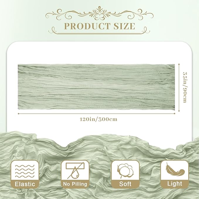 Le courant 6pcs 10Ft Cheesecloth Table Runner, Rustic Boho Gauze Cheese Cloth Runner Table Runner for Weddings Bridal Baby Shower Birthday Holiday Parties Home Decor, Sage Green