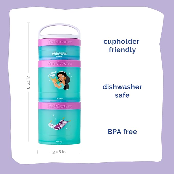 Whiskware Disney Princess Aladdin, Stackable Snack Containers for Kids, 3 Stackable Snack Cups for School or Travel, Backpack and Cupholder Friendly, Jasmine and Magic Carpet
