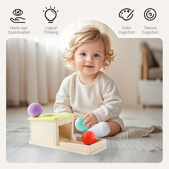 IEATFO Object Permanence Box with Tray Three Colored Balls (2 Wood+1 Knit) - Montessori Wooden Ball Drop Toy with Slide and Bear Shape - Fine Motor Skills Development Toy Age 1-3