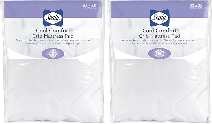 Sealy Baby Cool Comfort Fitted Waterproof Infant Cooling Crib Mattress Protector Pad and Toddler Bed Cover, Durable and Comfortable Topper, Machine Washable and Dryer Friendly, 52” x 28”- White