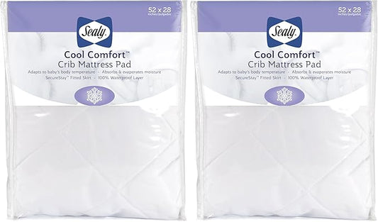 Sealy Baby Cool Comfort Fitted Waterproof Infant Cooling Crib Mattress Protector Pad and Toddler Bed Cover, Durable and Comfortable Topper, Machine Washable and Dryer Friendly, 52” x 28”- White