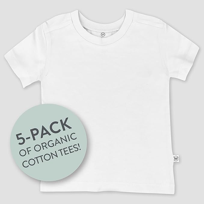 HonestBaby Unisex-Baby 5-Pack Short Sleeve T-Shirts 100% Organic Cotton Baby, Toddler, Little Kid, Boy, Girl, Unisex