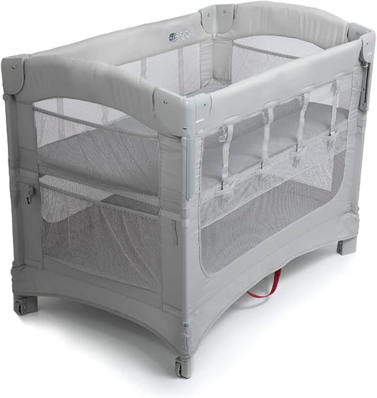 Arm’s Reach Ideal Ezee 3 in 1 Co-Sleeper Folding Bedside Bassinet and Play Yard Featuring Breathable Mesh Sides with Side Pockets for Storage and 4-Inch Sleeping Nest, Gray