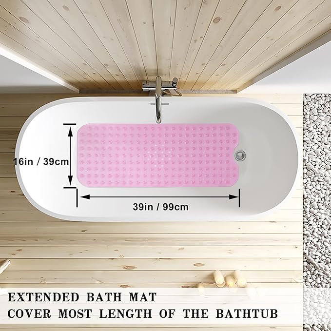 Linoows Bathtub and Shower Mats, Extra Long Non-Slip Bath Tub Mat 39 x 16 Inch, Machine Washable Bathmat with Suction Cups & Drain Holes for Bathroom Floor, Clear Pink