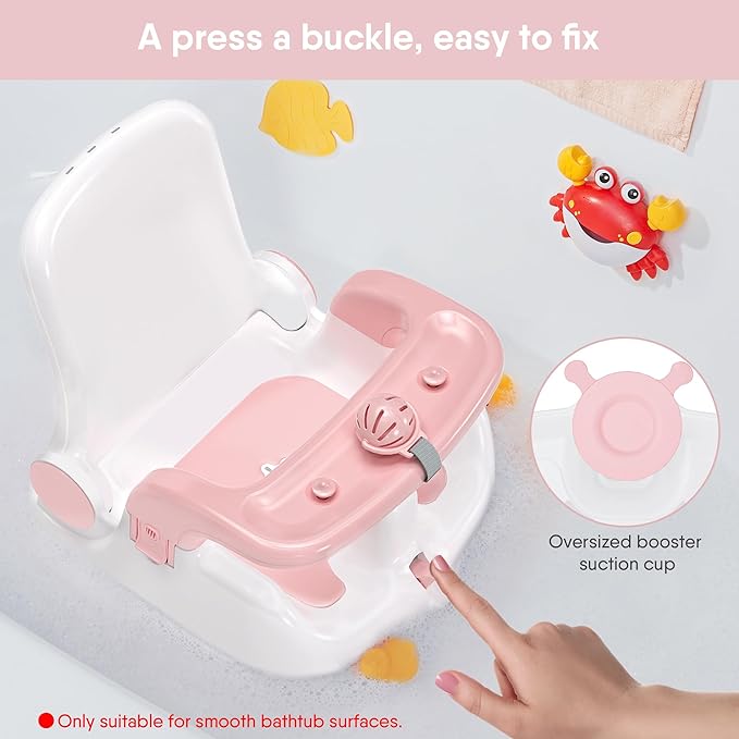 Baby Bath Seat with Sitting & Lying 2 Modes, 3-Speed Adjustment, Powerful Suction Cups, Infant Bathtub Chair with Washable Pillow, Folding and Hanging(Light Pink)