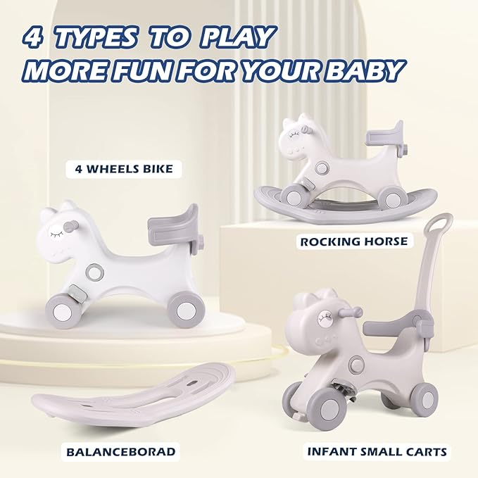 4 in 1 Rocking Horse for Toddlers 1-3 Years Old, Baby Rocking Toy Fun Birthday Gift for 1+ Kids, Ride on Toy with Detachable Balance Board and Footrest，Balance Bike with Push Handle，White