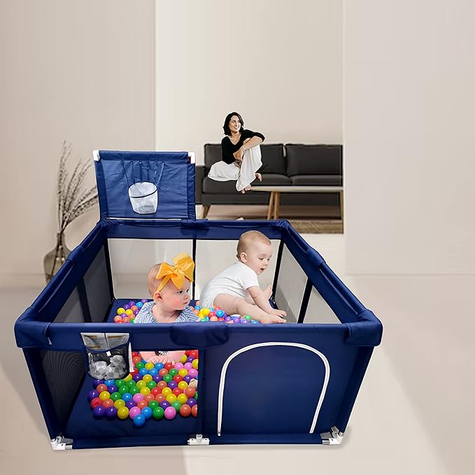Portable Baby Ball Pit Playpen Playard Fence with Basketball Hoop Breathable Mesh for Indoors Outdoors Infant Toddler Kids Large