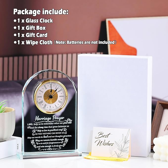 Glass Clock Wedding Gifts for Couples Newlywed 2025, Happy Anniversary Marriage Prayer Gift with Inspiring Quotes for Mr and Mrs, Engagement Presents Home Decoration
