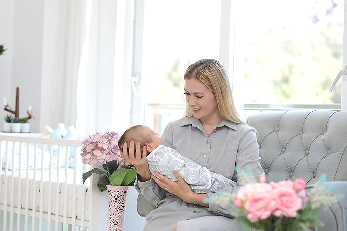 BaeBae Goods Swaddle Blanket, Adjustable Infant Baby Swaddling Wrap Set of 4, Baby Swaddling Wrap Blankets for Boys and Girls Made in Soft Cotton (Green/Grey Triangles, 3-6 Months)