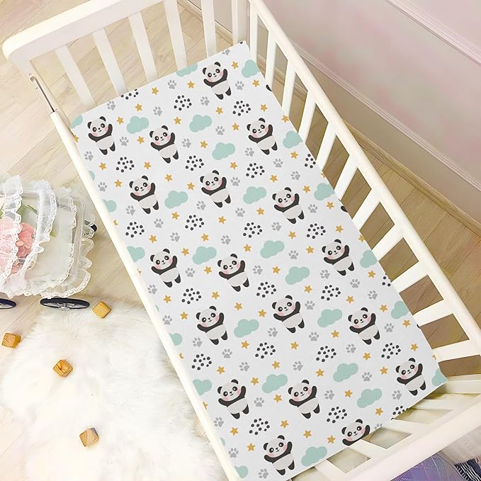 Baby Crib Sheets Panda Stars and Clouds Crib Sheets for Boys Girls,Neutral Bassinet Toddler Bed Play Sheets Breathable Soft and Portable 52 * 28 * 9in