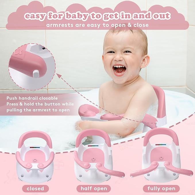 Baby Bath Seat for Babies Sitting Up with Temperature Alert+Soft Cushion+Suction Cup,Infant Bath Seat for Baby 6 Months & Up,Baby Bath Chair Toddler Bath seat for Bathtub Tub Pink