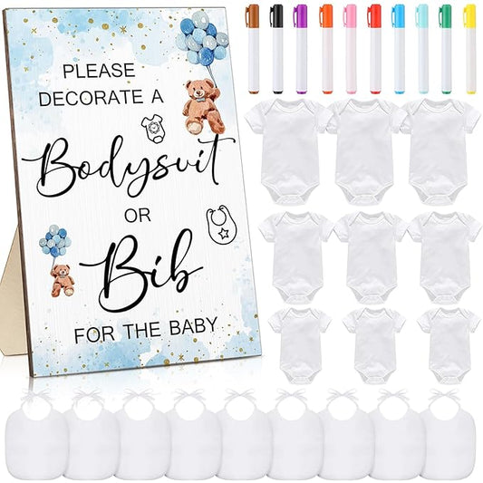 Roowest 35 Pcs Baby Shower Bibs Games Design Wooden Baby Shower Party Game Sign DIY Bodysuit Sign 15 White Blank Feeder Bibs 9 Newborn Bodysuit 10 Markers for Boys Girls(Bear)