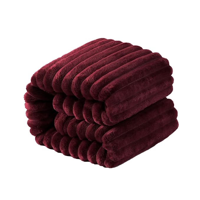 NTBAY Plush Flannel Twin Bed Blanket, 60x80 Inches Soft and Warm Lightweight Bed Blanket with Striped Texture for Couch, Sofa, All Seasons, Wine Red