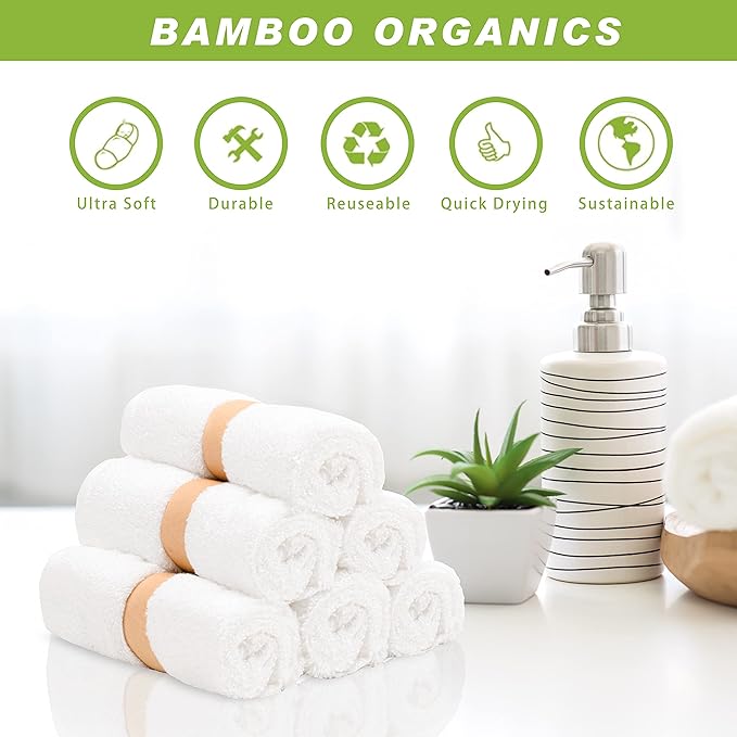 Jo Jo Jr. Bamboo Washcloths for Baby Face 6 Pack Soft Washcloths (10"x10" Regular) Soft Absorbent Small Face Towels - Reusable White Baby Wipes Gentle and Safe for All Skin Types Kids Essentials