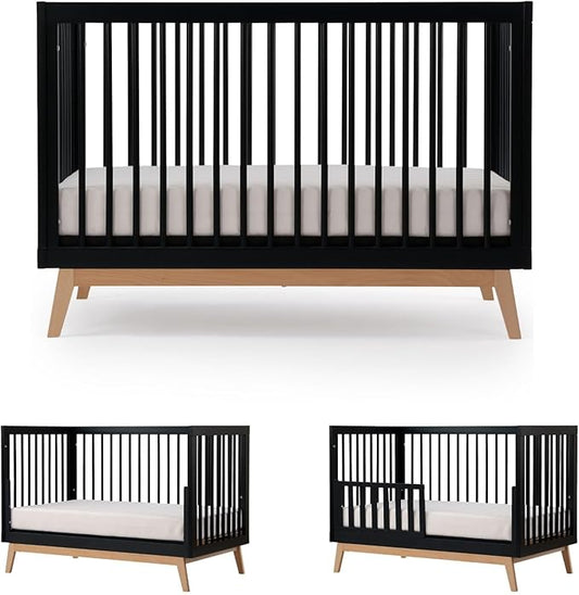 dadada Baby Soho 3 in 1 Convertible Wooden Crib to Toddler Bed - Made in Italy, GREENGUARD Gold Certified, Baby-Safe Finish, Sustainable Beech Wood, Modern Design, 3 Adjustable Heights (Black/Natural)
