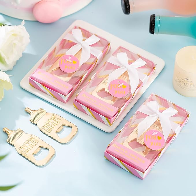 24 Baby Bottle Openers Baby Shower Favors, Gifts, Decorations, or Souvenir Guest Gift Boxes, Poppin Design for baby Girls (24 Pack Pink)