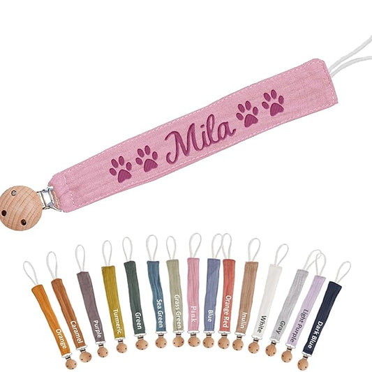 Custom Boho Pacifier Clip Holder with Embroidered Name – A Perfect Personalized Baby Baptism Gifts in Eco-Friendly Bamboo! (Pink)