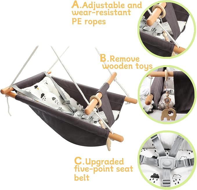 Baby Swing Outdoor Indoor for Infants to Toddlers, Portable Adjustable Baby Porch Swing with 5-Point Safety Belt, Kids Tree Hanging Chair Toys for Door Garden Backyard