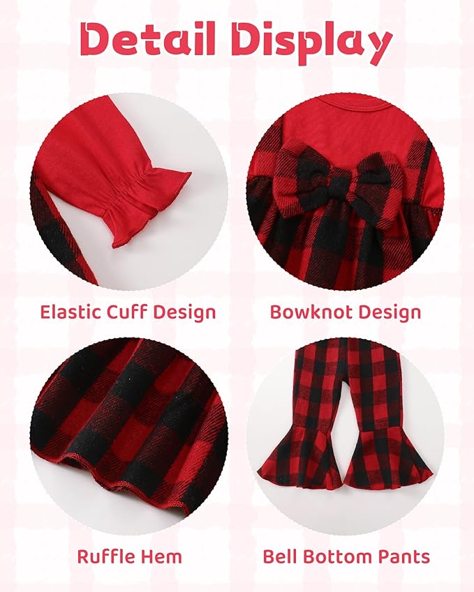 Kucnuzki Toddler Baby Girl Clothes Outfit Long Sleeve Plaid T Shirt Top Flare Leggings Pants 2 Piece Outfit Kids Clothes