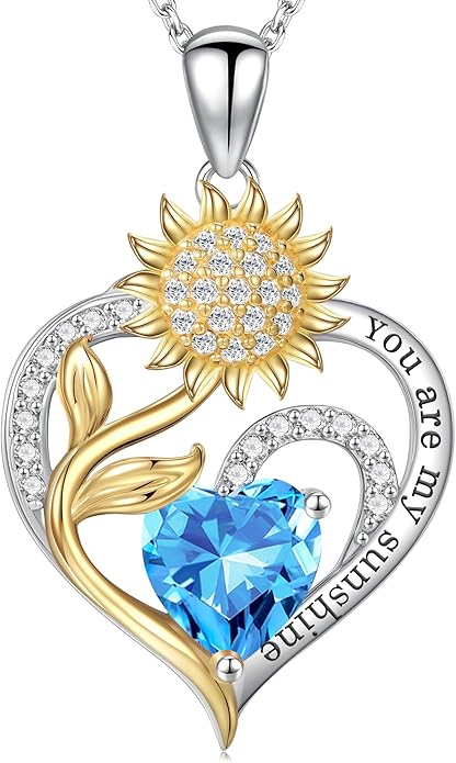 Iefil Sunflower Gifts for Women - Sunflower Necklace Heart Pendant Birthstone Necklace for Women Anniversary Birthday Gifts for Wife You Are My Sunshine 925 Sterling Silver Jewelry for Wife Mom