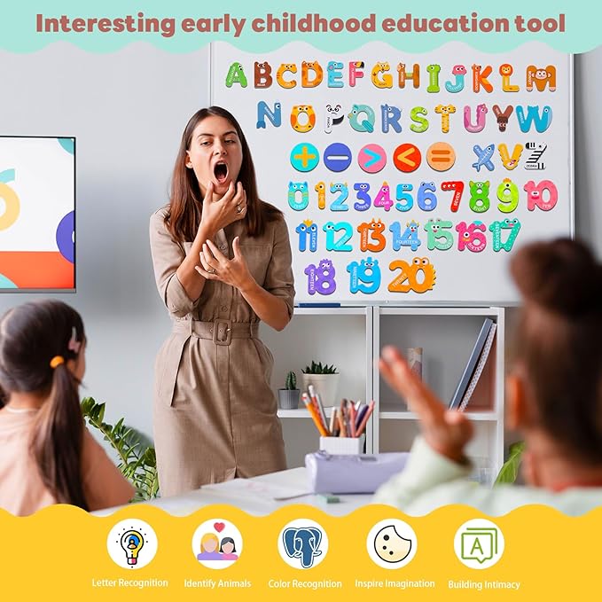Magnetic Letters and Numbers, 52 Pieces Colorful Fridge Magnets for Toddlers 3-5, 26 Uppercase Magnetic Letters 21 Numbers 5 Symbols, for Kids Toddlers Preschool Spelling Learning